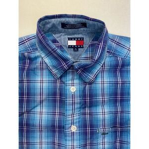 Vtg Tommy Jeans Shirt Men M Blue Purple Plaid Short Sleeve Hilfiger Cotton Stain